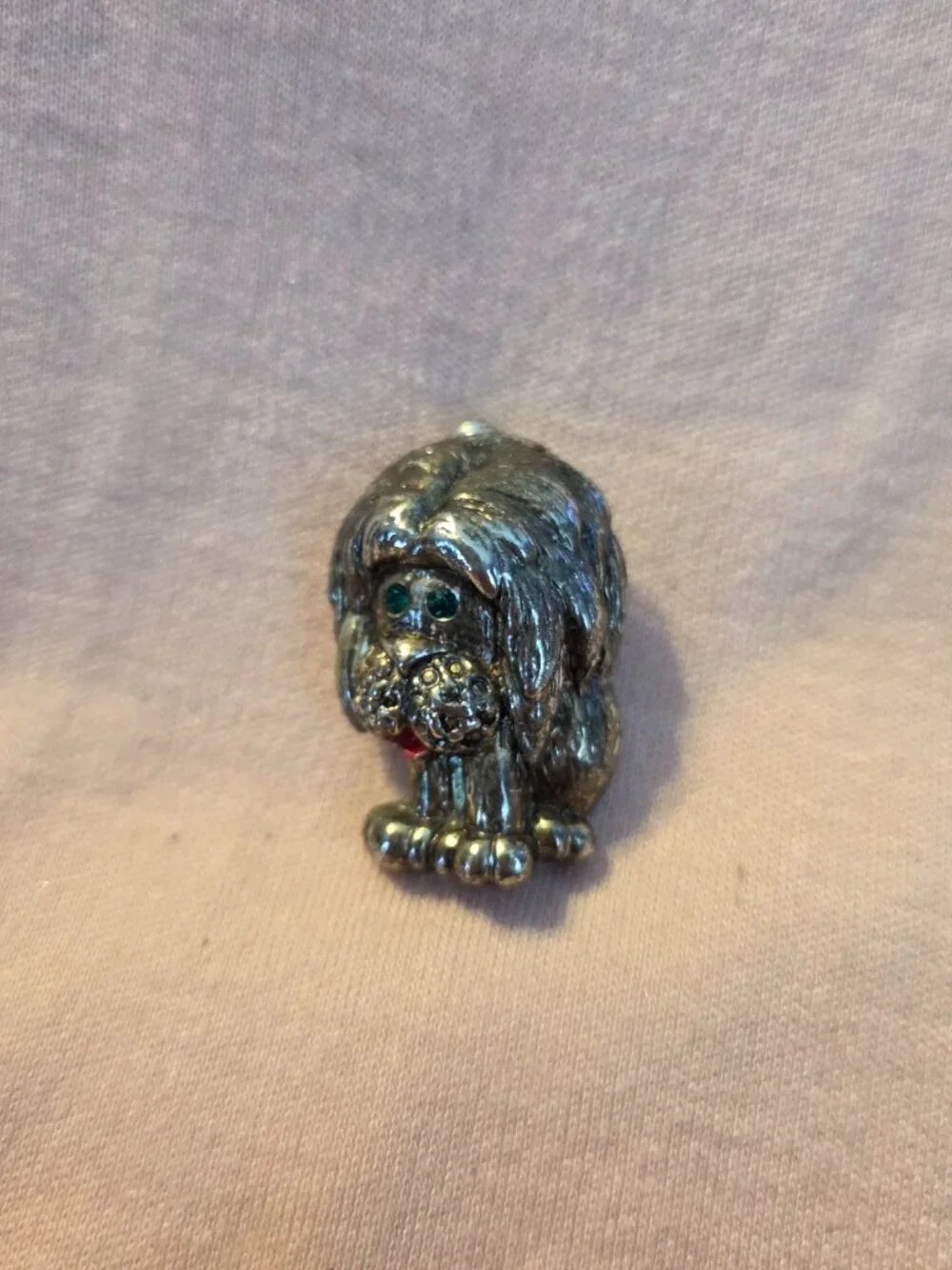 Vintage Silver-Tone Shaggy Dog Brooch | Retro Puppy Figural Lapel Pin with Green